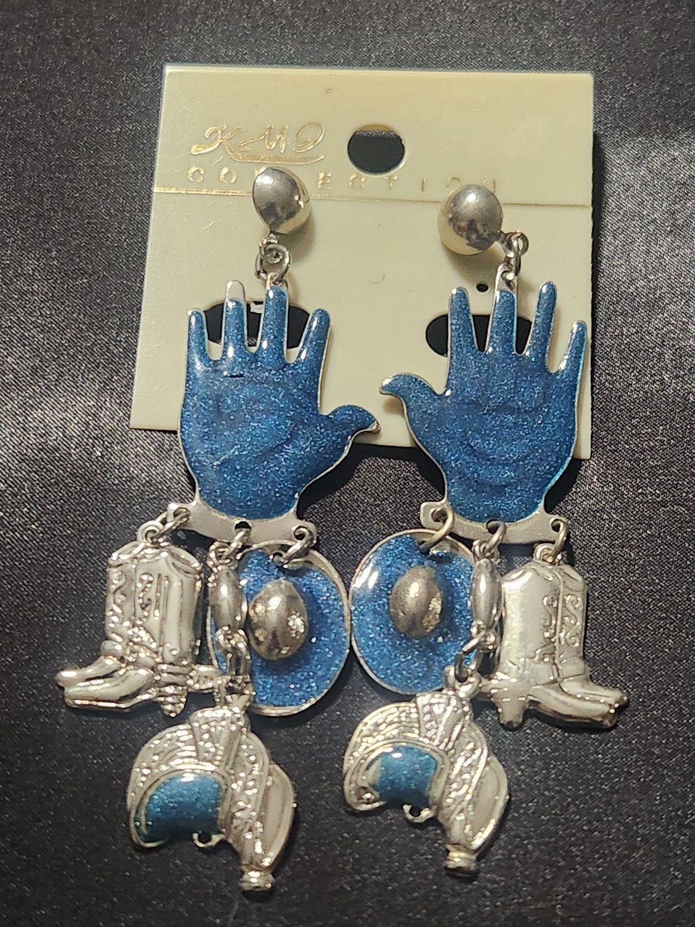 ​Vintage 80s Western Hands & Cowboy Boots Blue Enamel Dangle Earrings NOS